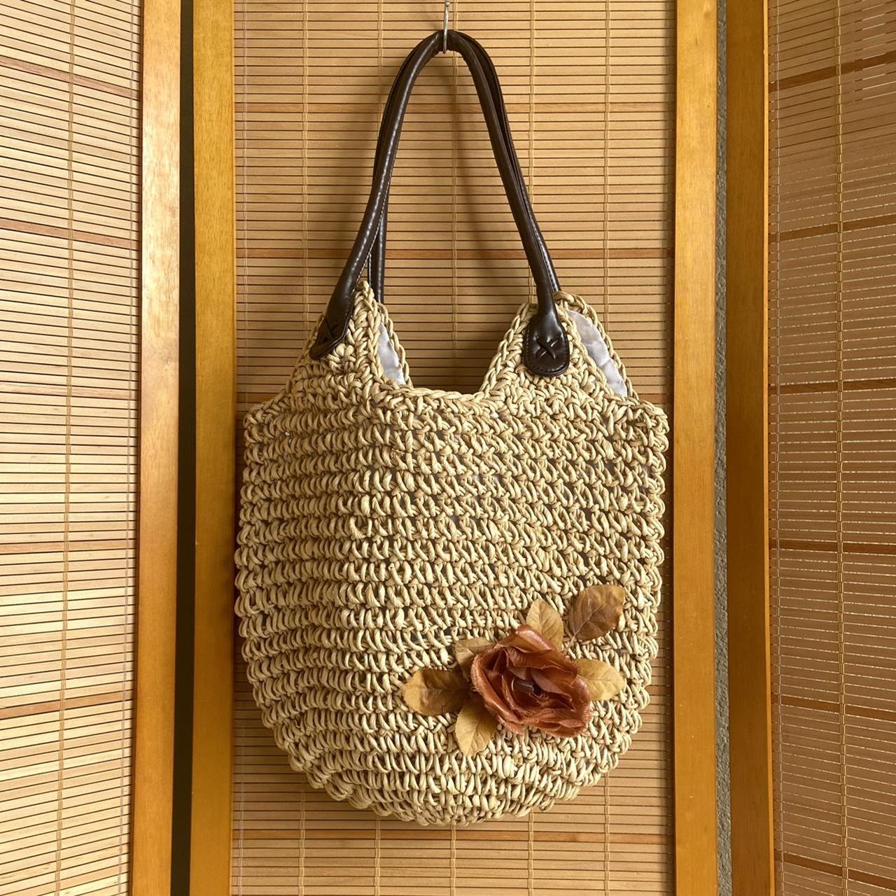 woven straw shoulder bag with flower accent and... - Depop