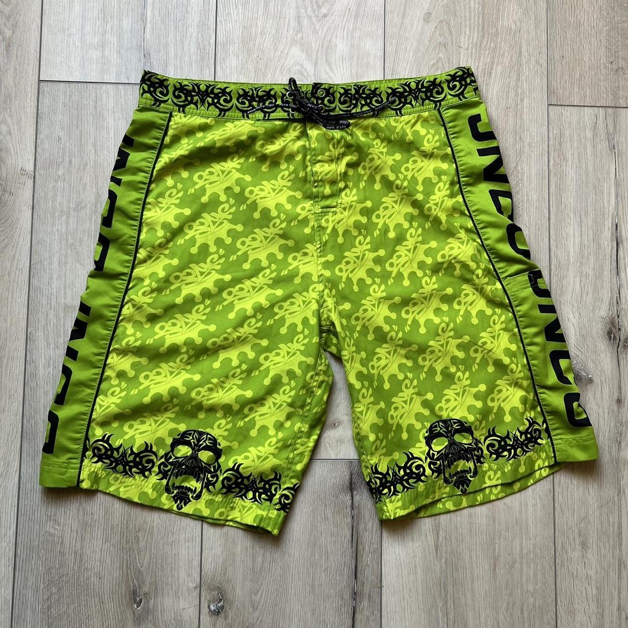 JNCO Jeans green and yellow shorts, swimming trunks. | Depop