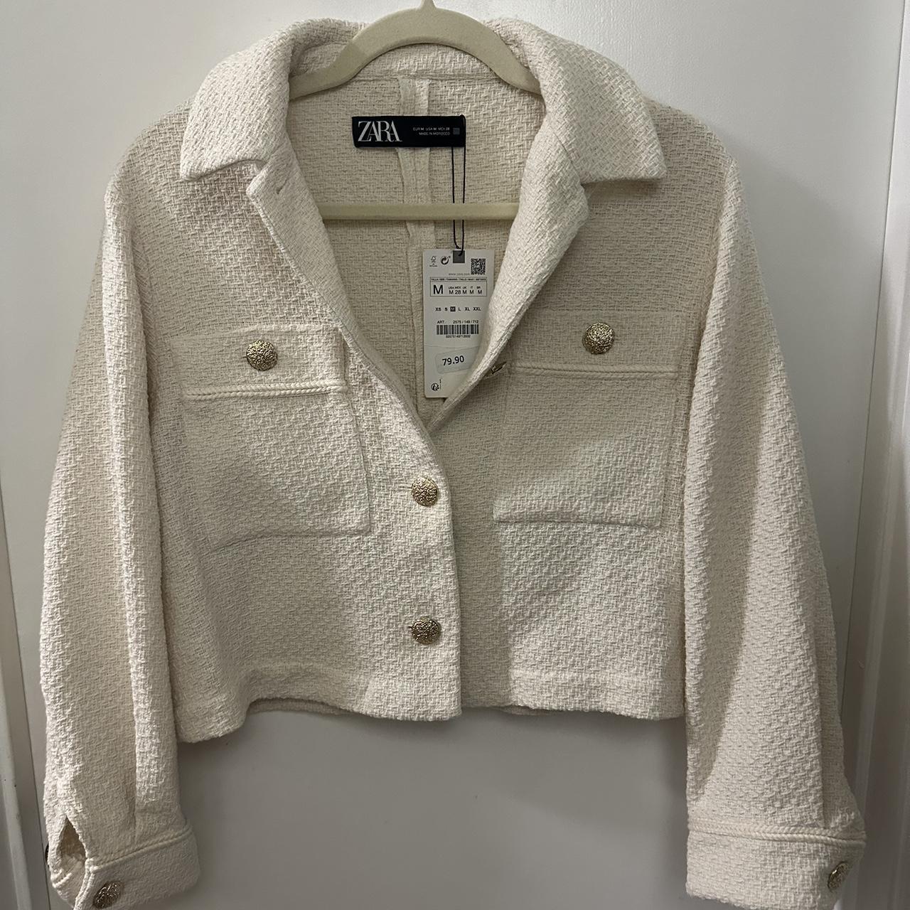 Zara Tweed Cropped Blazer Jacket Cream Size Depop