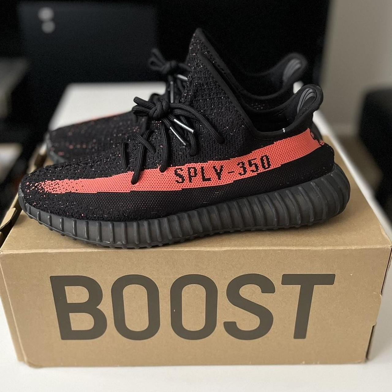 yeezy black and red shoes