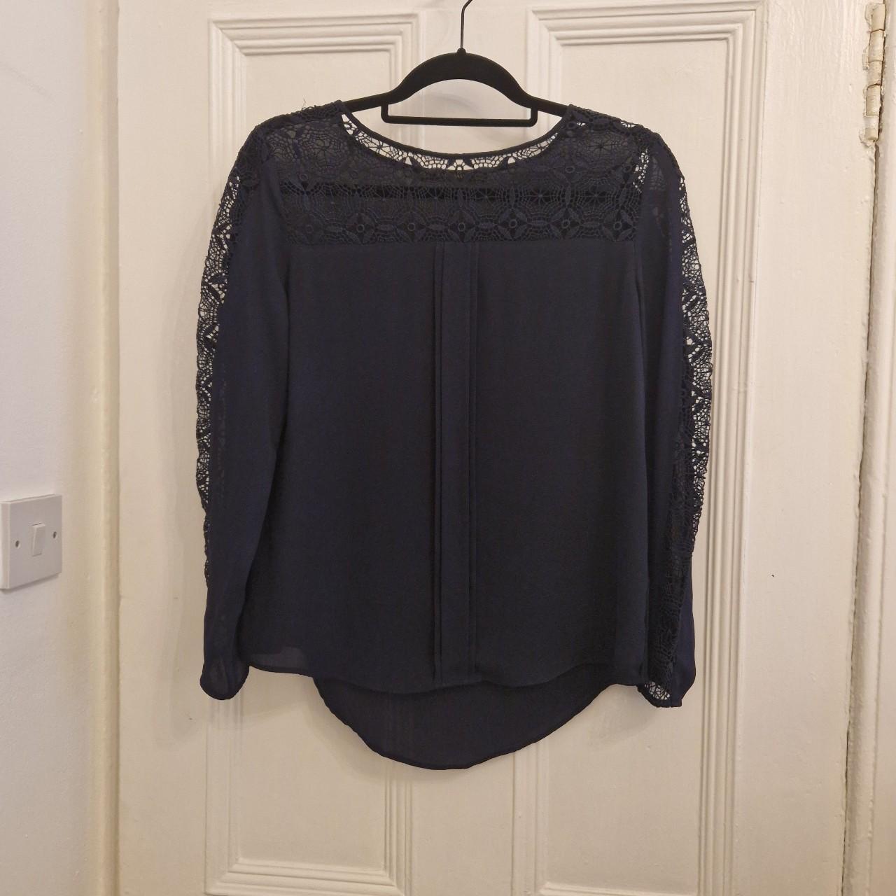 Zara navy blue lace blouse shirt top long sleeve... - Depop