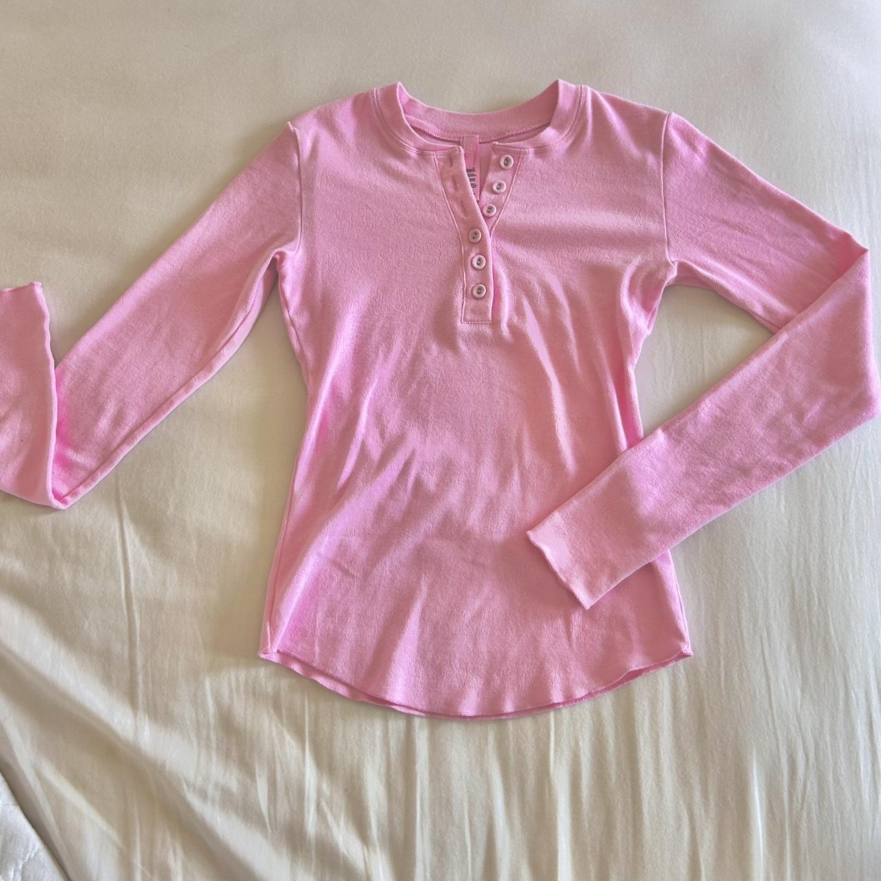 Skims Bubblegum Pink Logo Pointelle Henley Long... - Depop