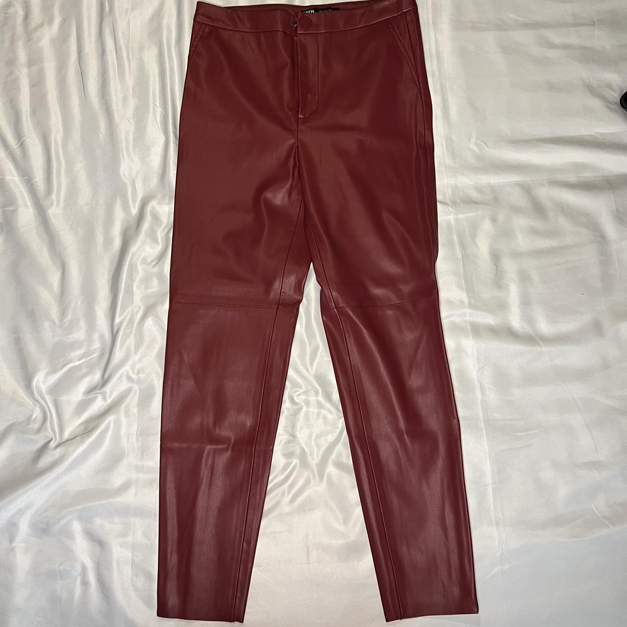 Zara Cherry red wine high waisted leather pants 2... - Depop