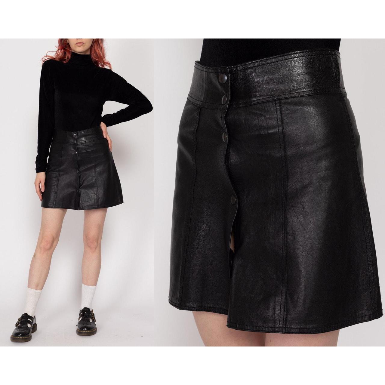 Vintage 90s black leather a line mini skirt with