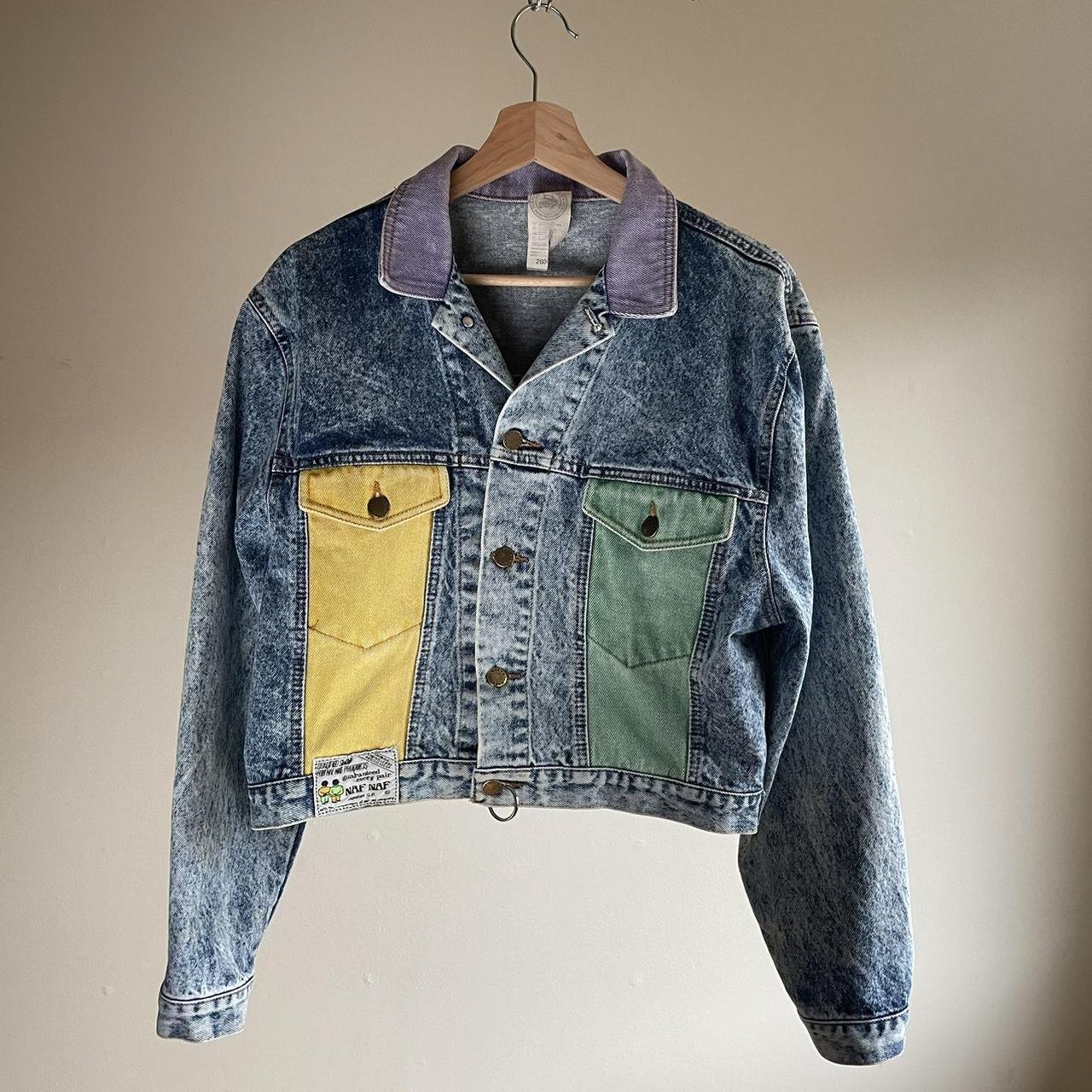 Naf Naf 1980s acid wash denim jacket with pastel... - Depop