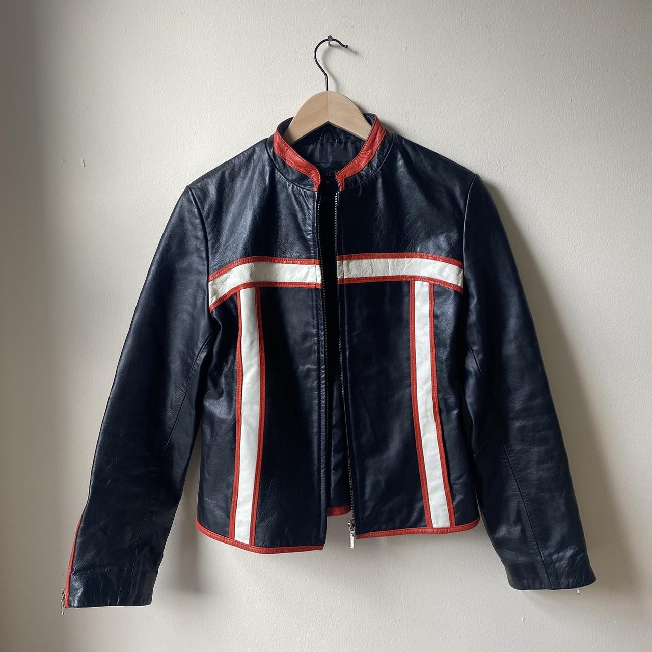 BLACK AND ORANGE/RED LEATHER BIKER MOTO JACKET the... - Depop