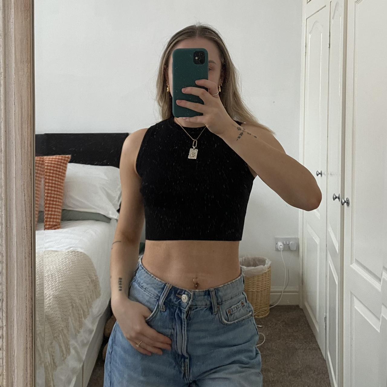 Knitted Zara crop top: Black knitted top, sits kind... - Depop