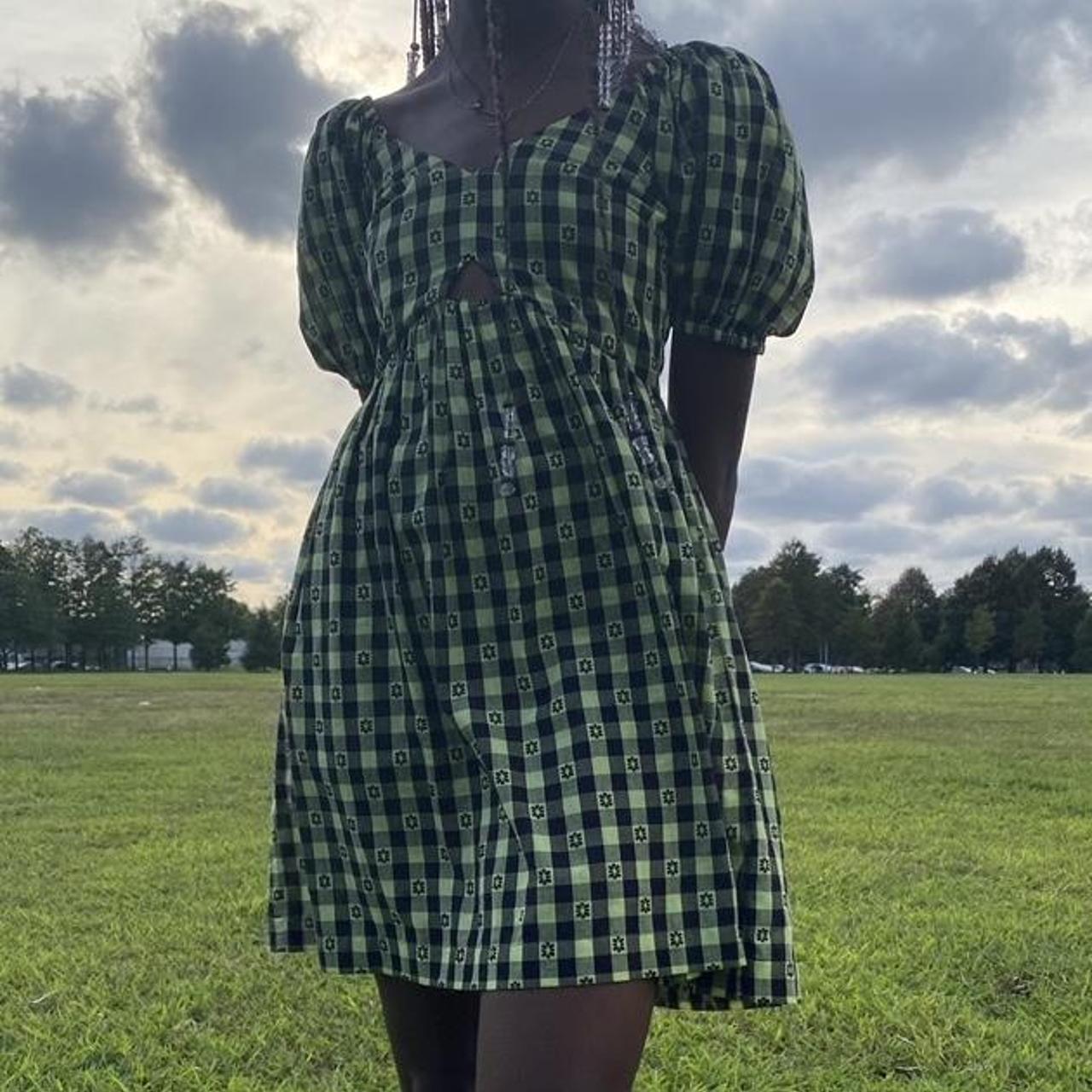 green floral gingham baby doll dress from the brand... Depop