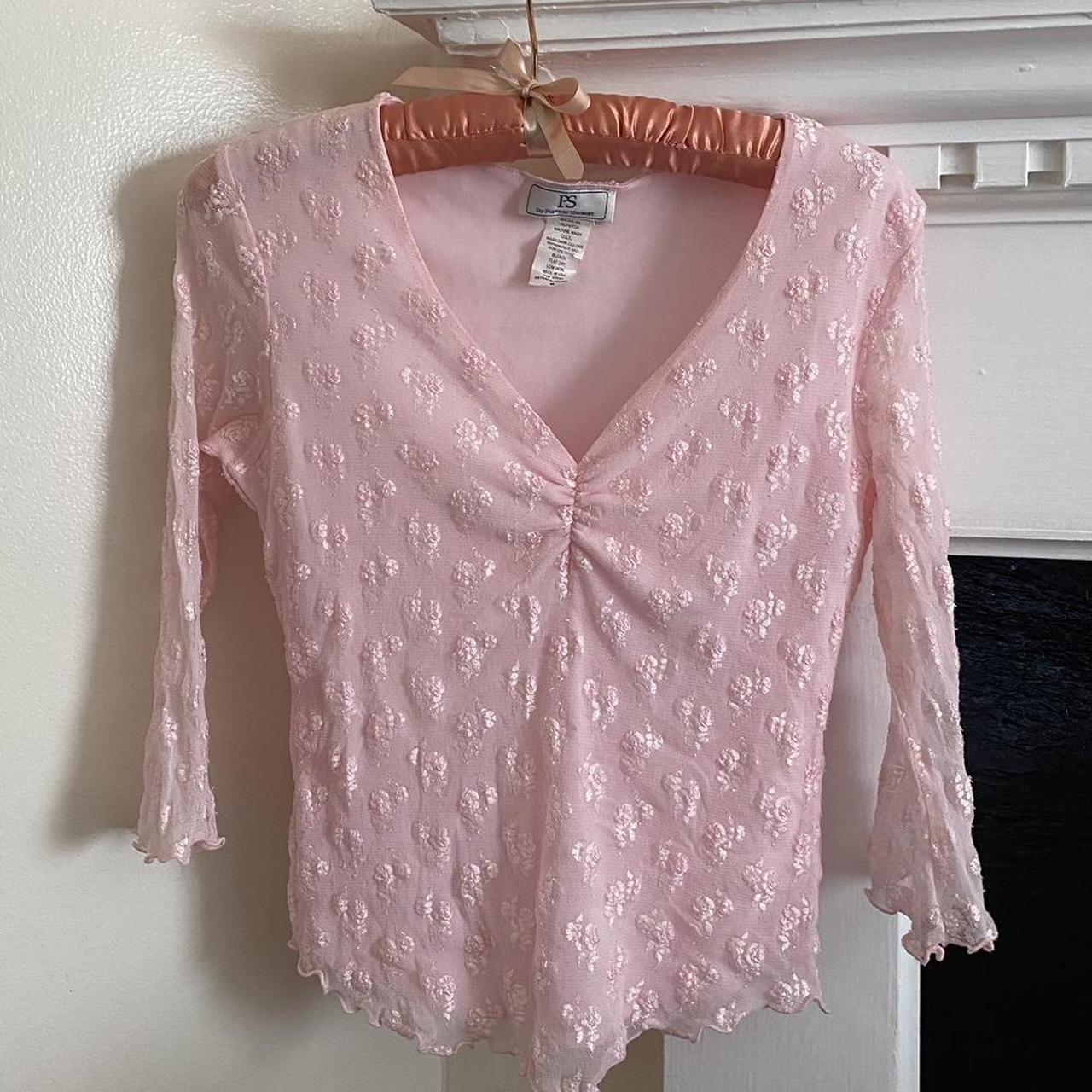 Vintage Pink Floral Detailing Lace Mesh Top with... - Depop