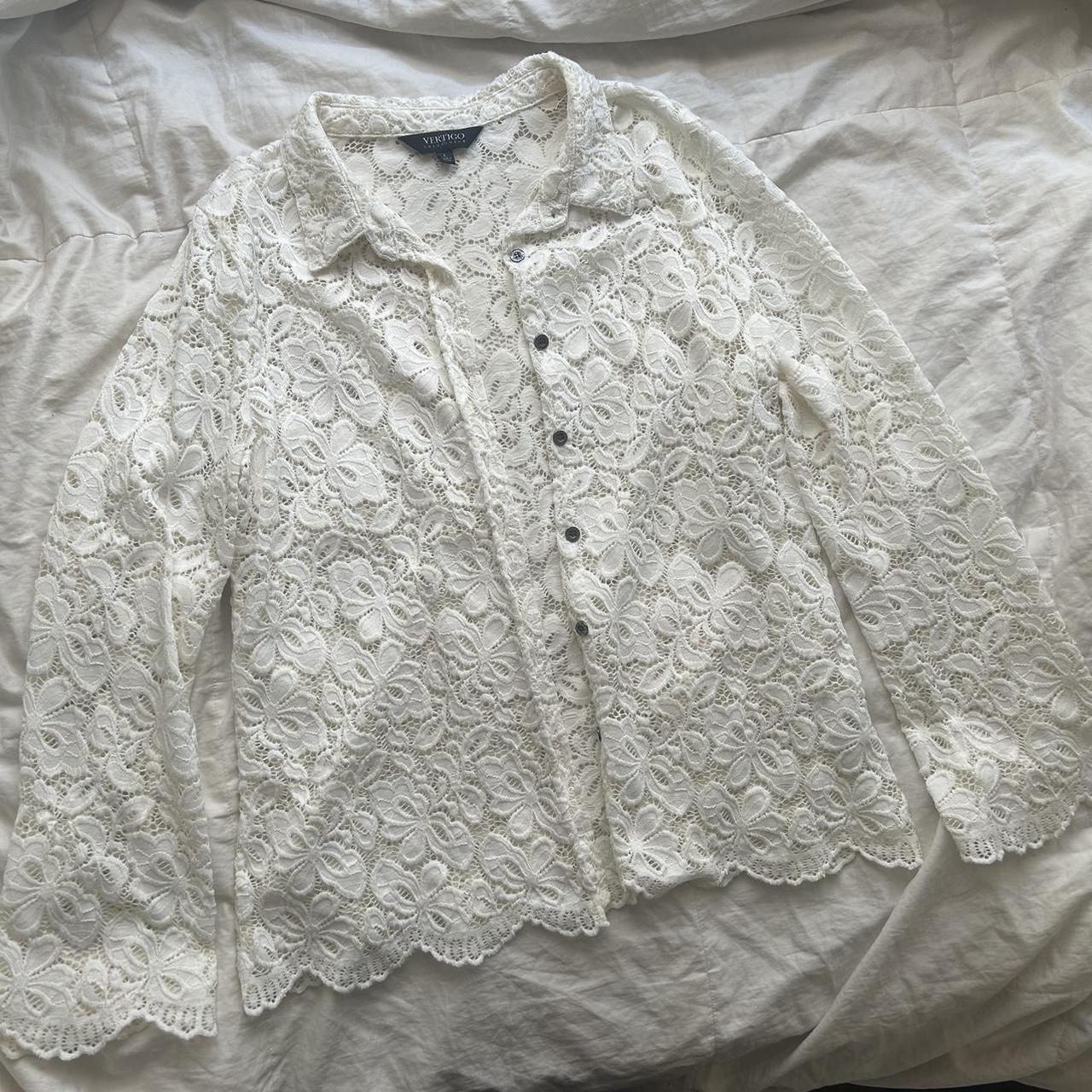 lacy white button up w/ wide sleeves! in perfect... - Depop