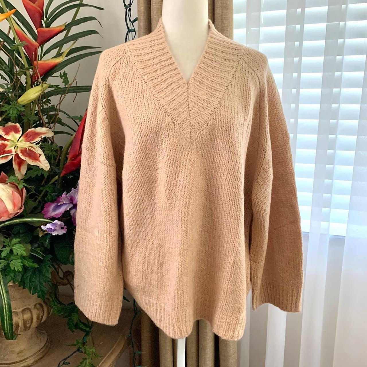 Zara Women's Beige Ribbed Knit Oversized Pullover - Depop