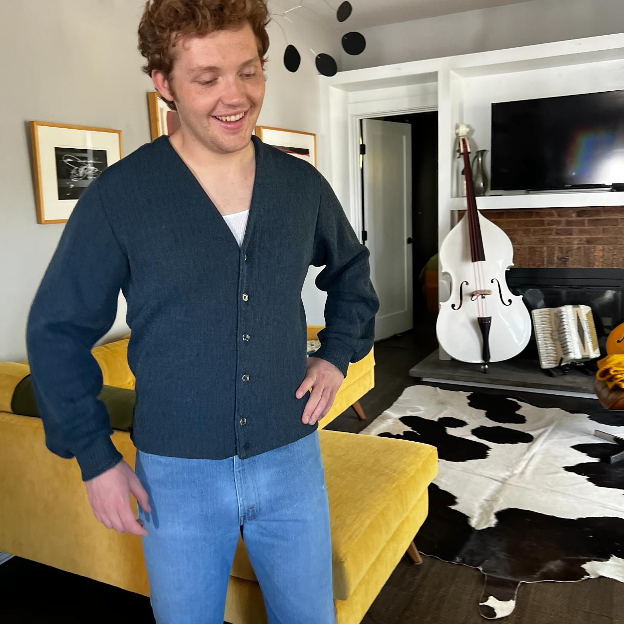 Classic mens cardigan sweater in rich dark blue