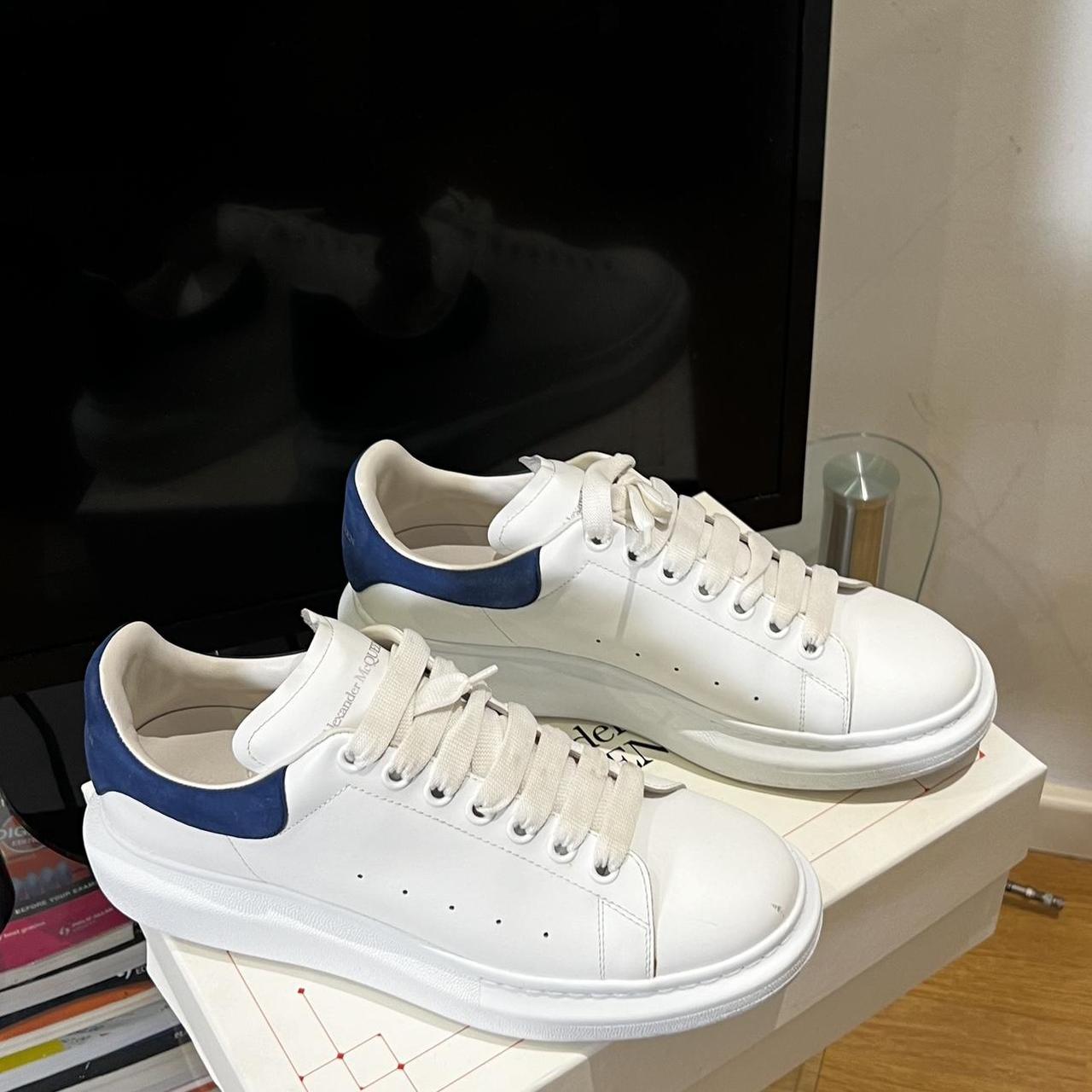 White and blue Alexander McQueen lifestyle trainers. Depop