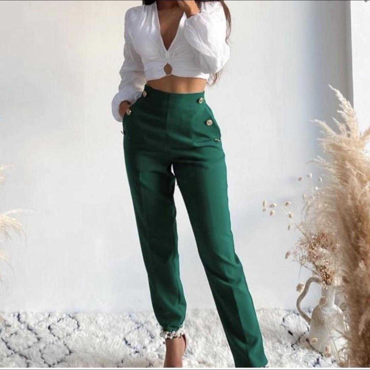 XS Green Zara Buttoned Straight Leg Pants Contact - Depop