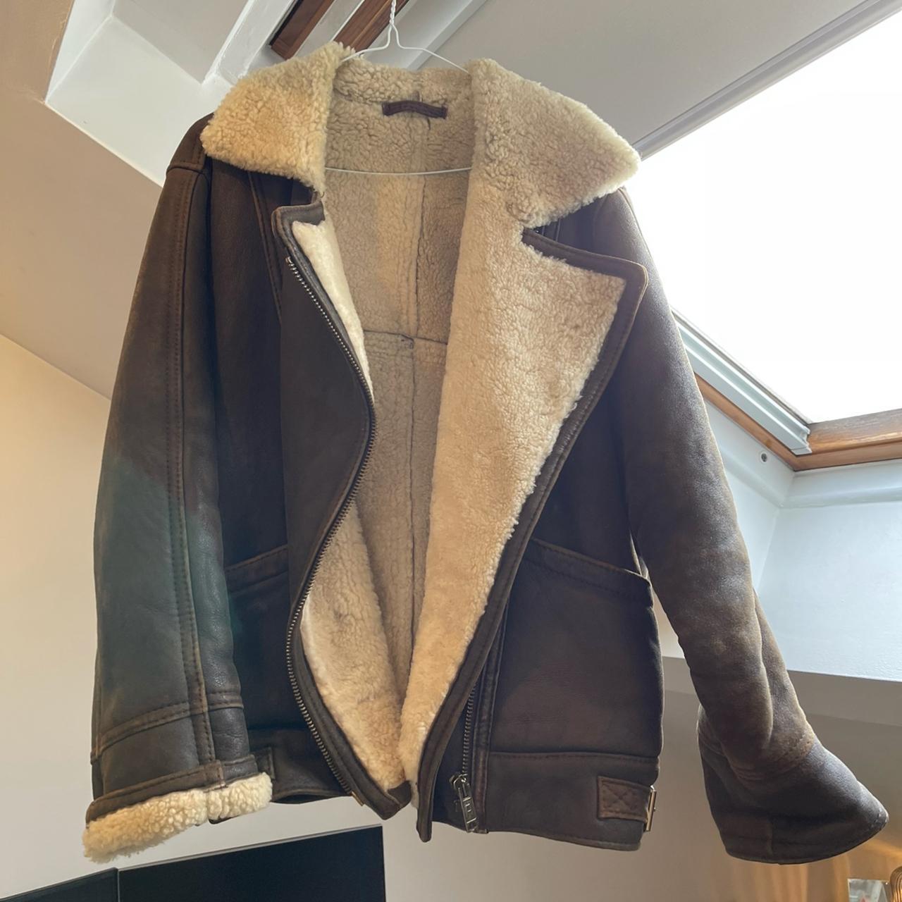 Vintage real sheepskin brown aviator/flying jacket... - Depop