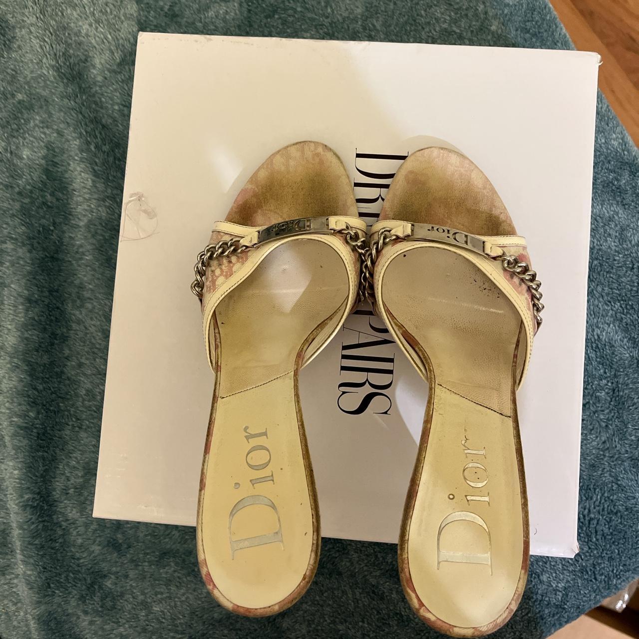 Pink and white Vintage dior heels mules with silver... - Depop