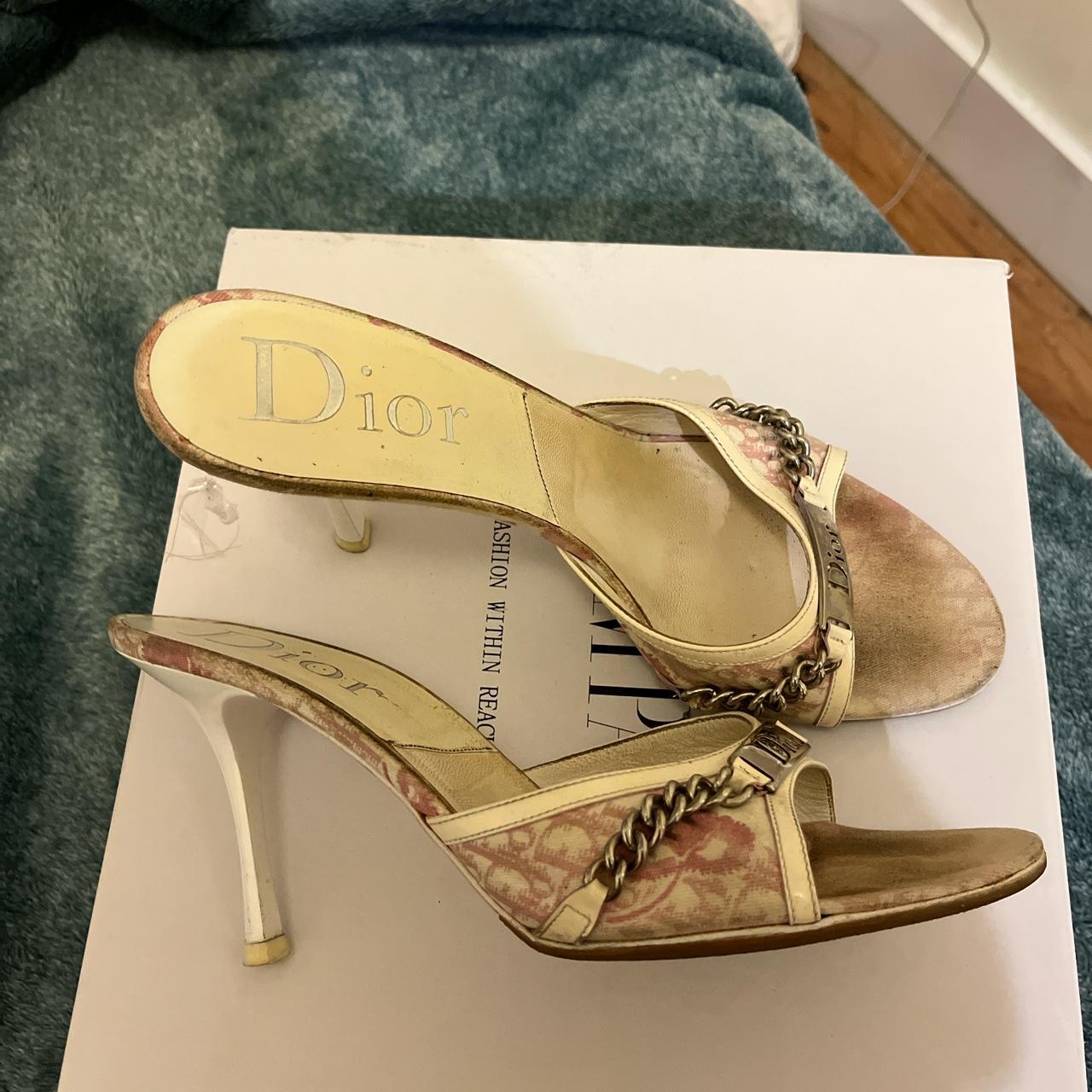 Pink and white Vintage dior heels mules with silver... - Depop