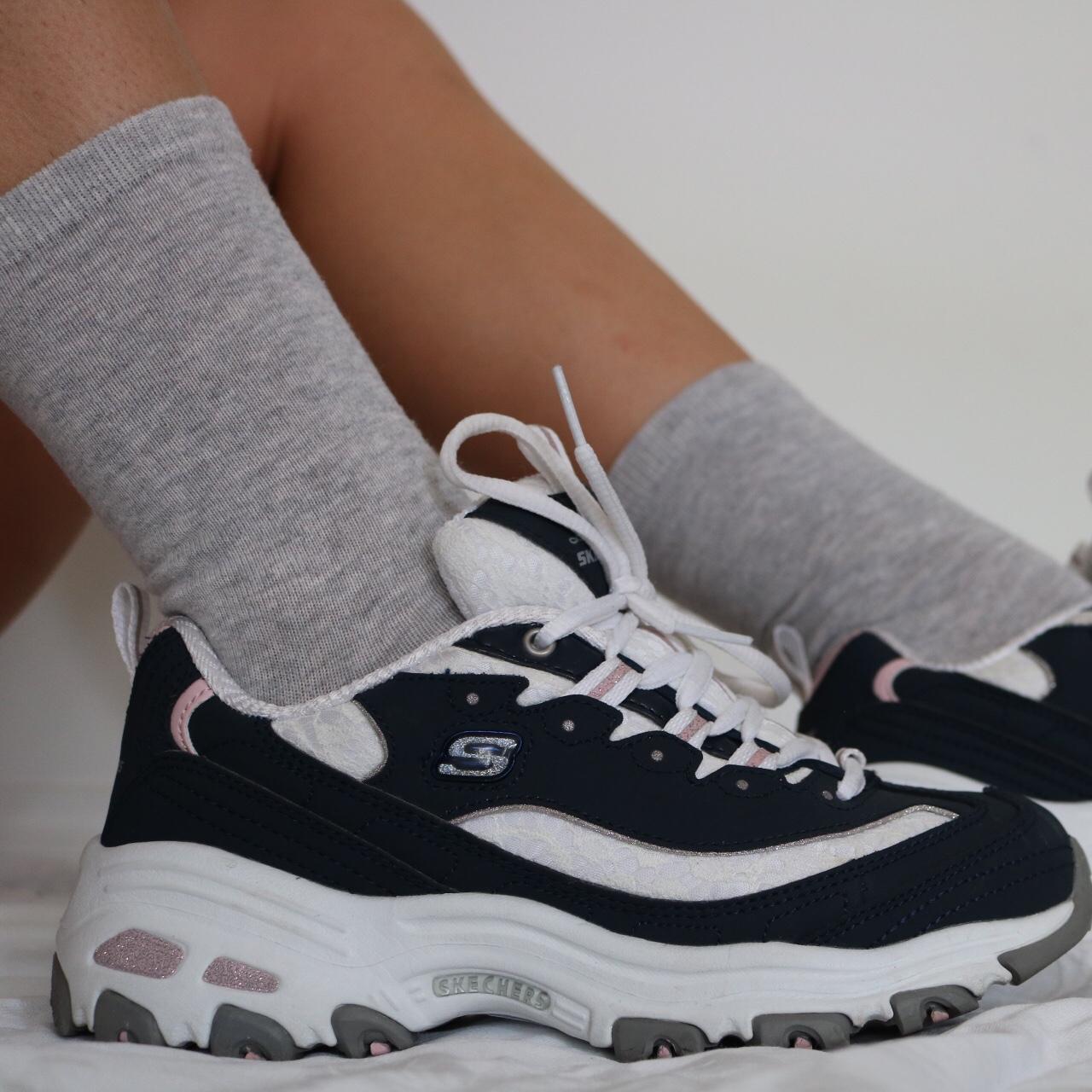 SKECHERS CHUNKY SNEAKERS Cutest navy/white/pink... - Depop