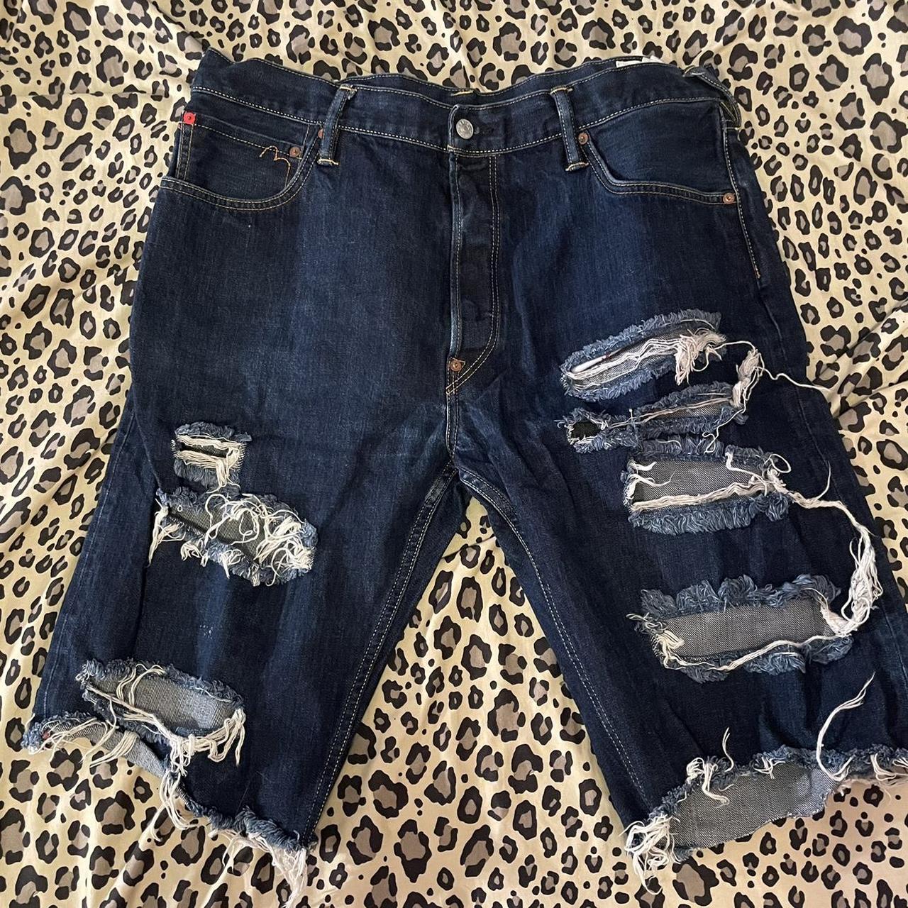 Evisu Men's Orange and Blue Shorts Depop