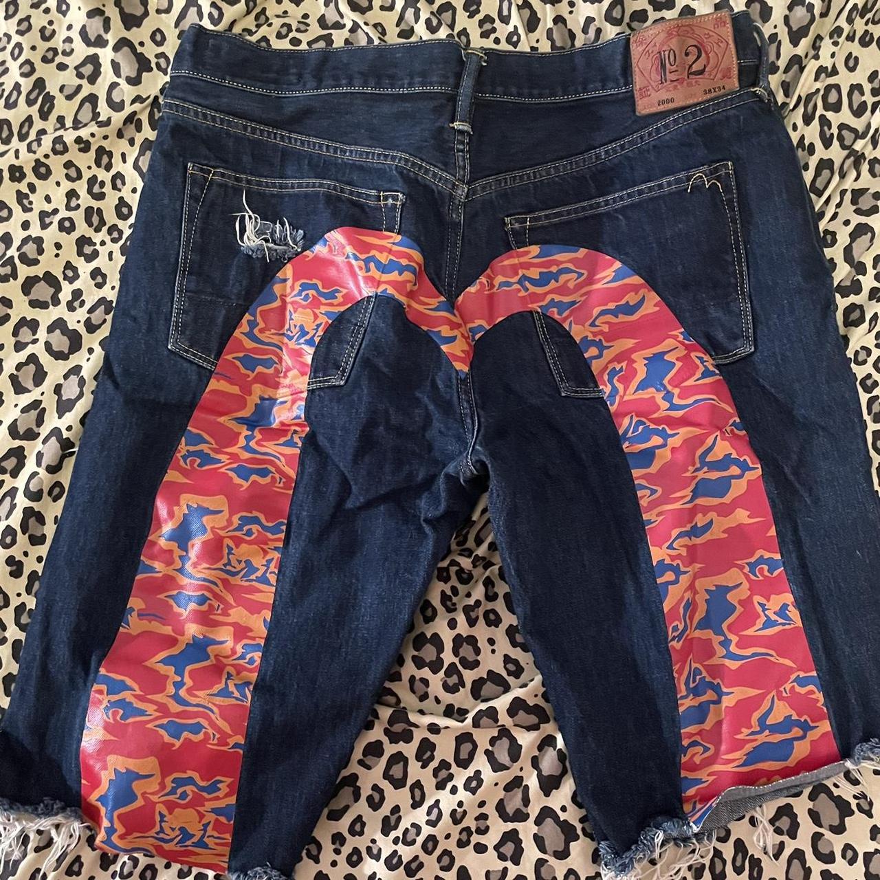 Evisu Men's Orange and Blue Shorts Depop