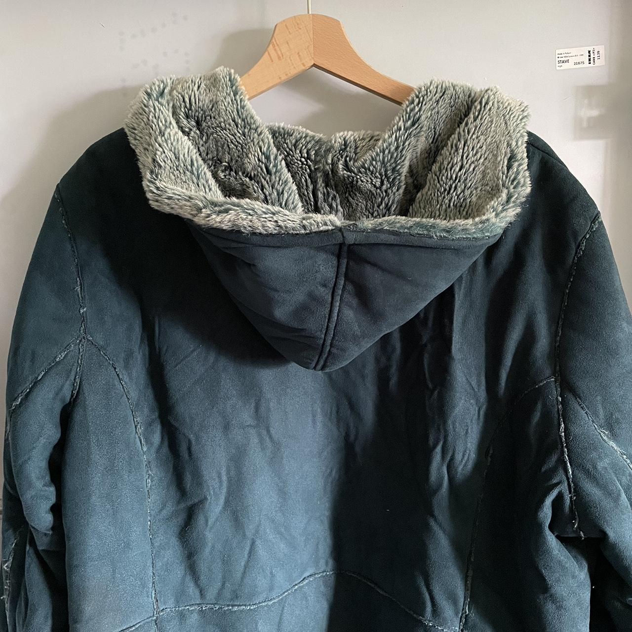 Turquoise vintage fur lined jacket with hood -... - Depop