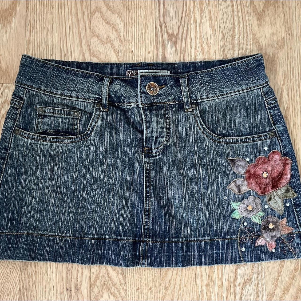 The cutest y2k denim skirt with floral design... - Depop