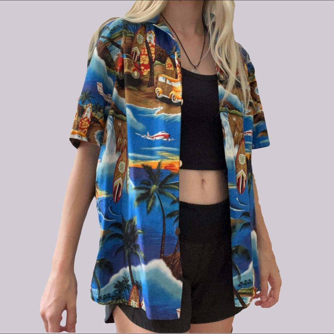 dark blue hawaiian button up shirt brand: royal... - Depop