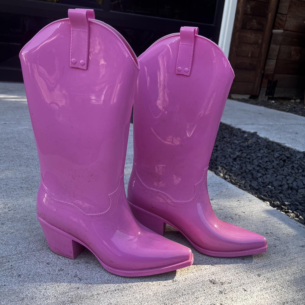 bright-pink-rubber-cowgirl-boots-size-8-tinstree-depop