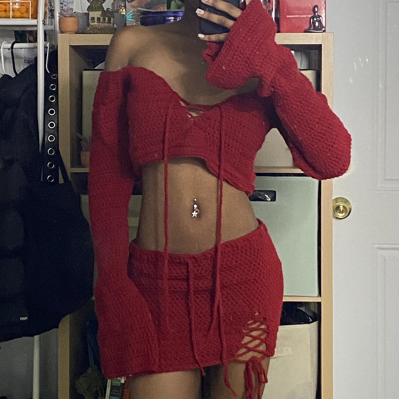 red cropped handmade crochet set with lace up detail Depop