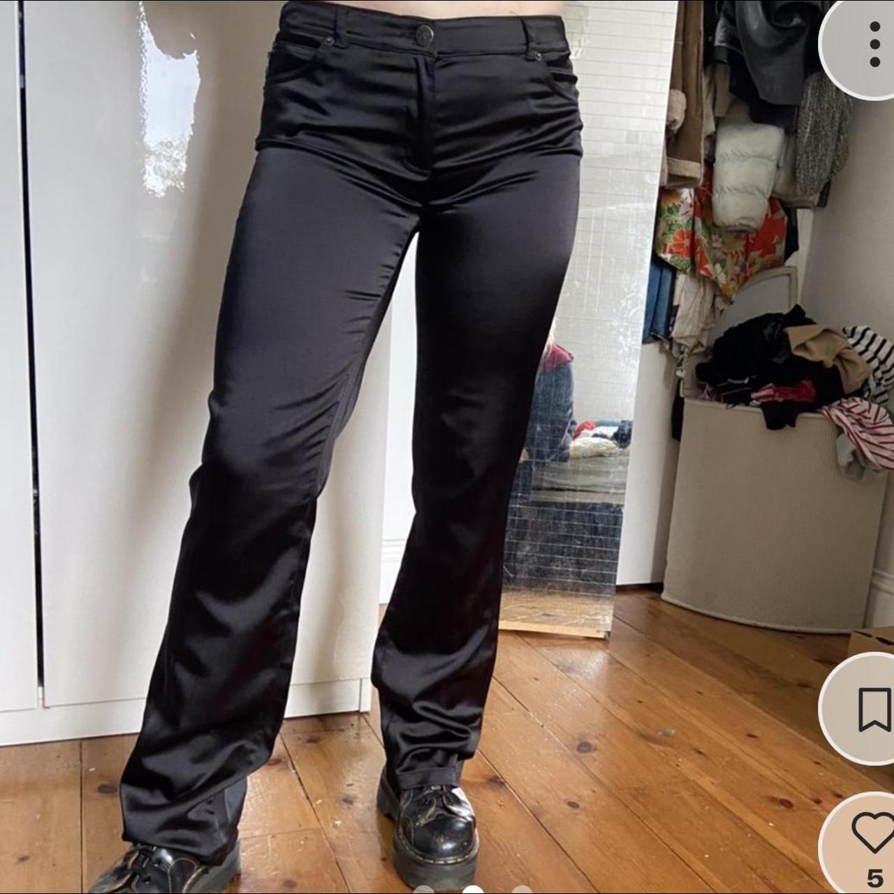 low waisted black satin playboy flared trousers... - Depop