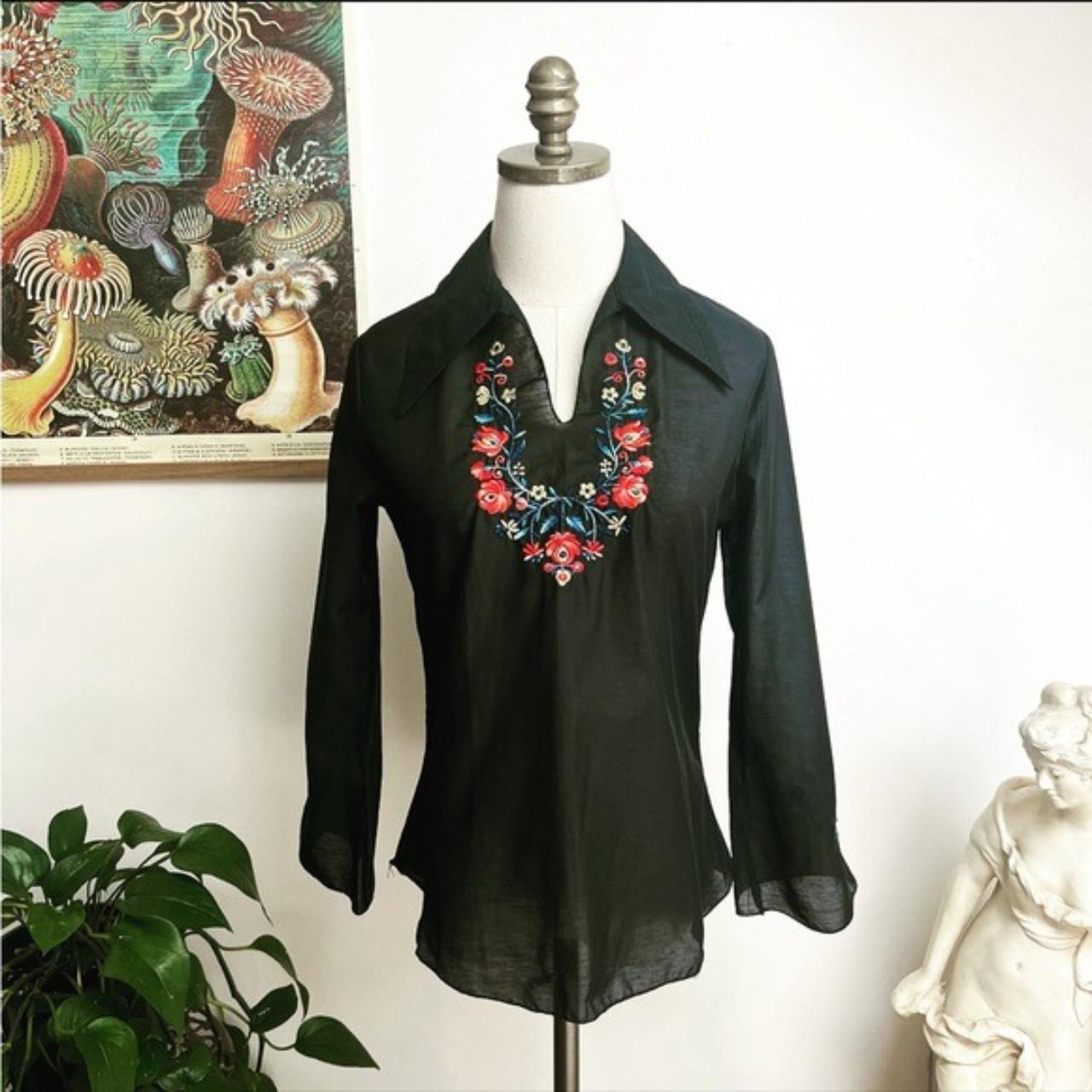 1970s Pointy Collar Embroidered Hippie Blouse Made... - Depop