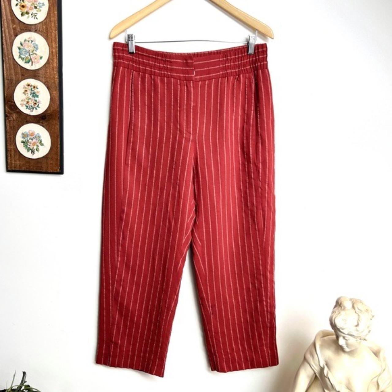 Red pinstripe shops trousers