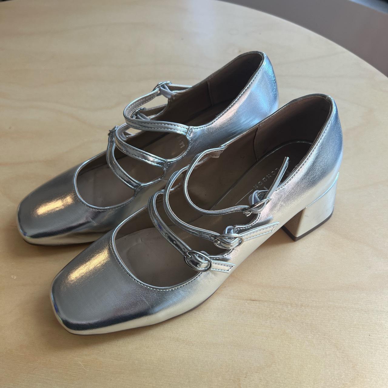 Silver vegan leather triple strap Mary janes. Black... - Depop