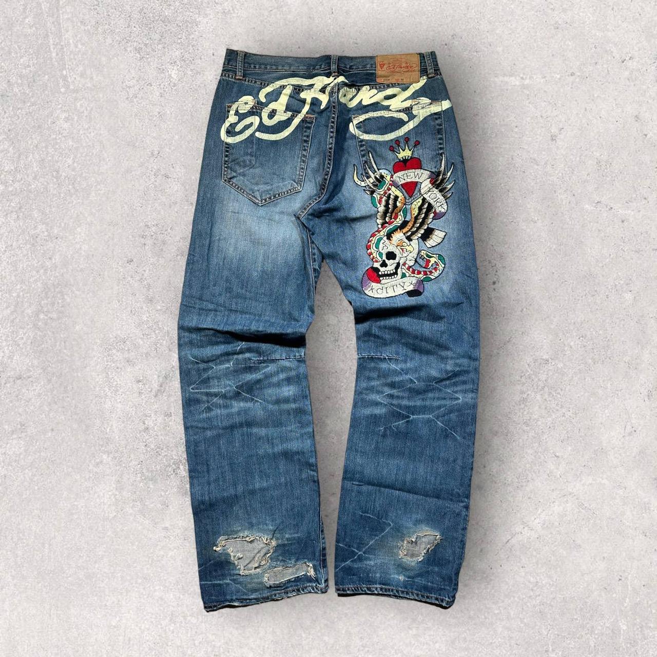 Crazy Vintage Y2K Ed Hardy Jeans 36x34 Embroidered... - Depop