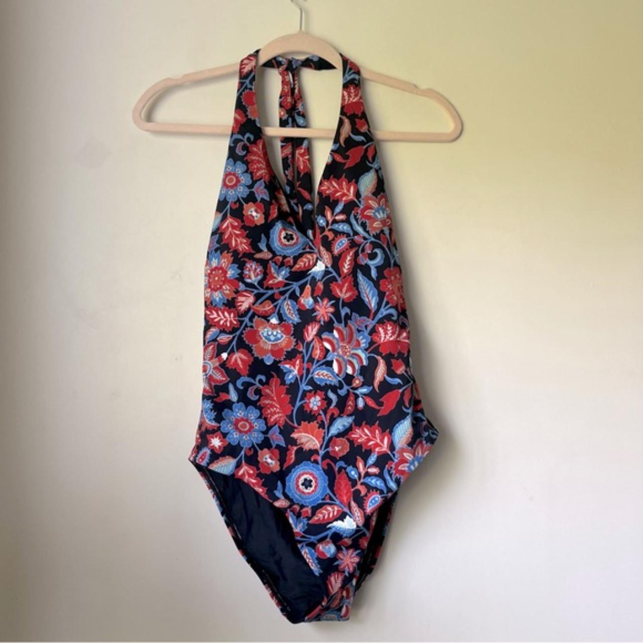 Loft Beach Navy Blue Red Floral Paisley Halter One Depop