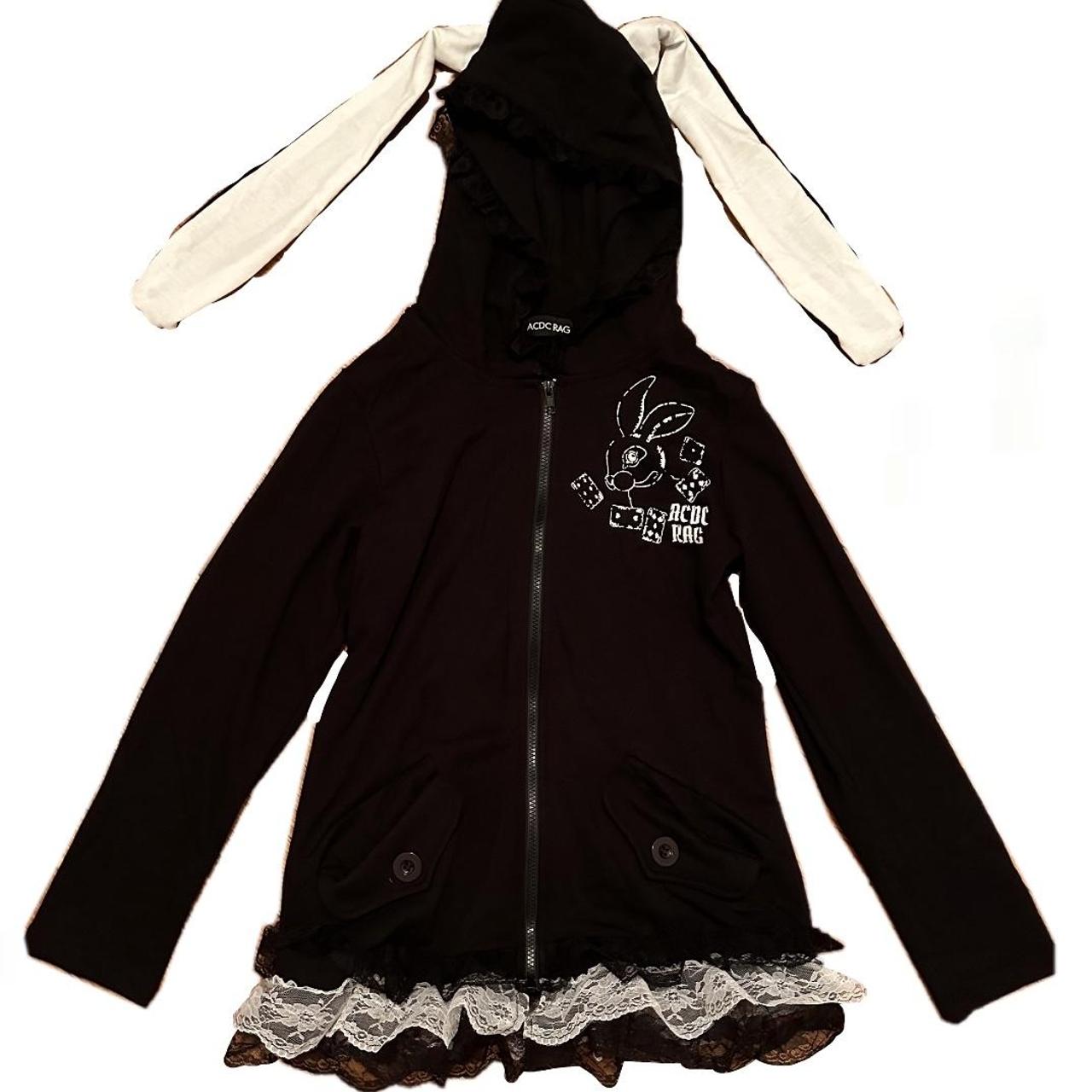 acdc rag black and white lace bunny hoodie! bunny... - Depop