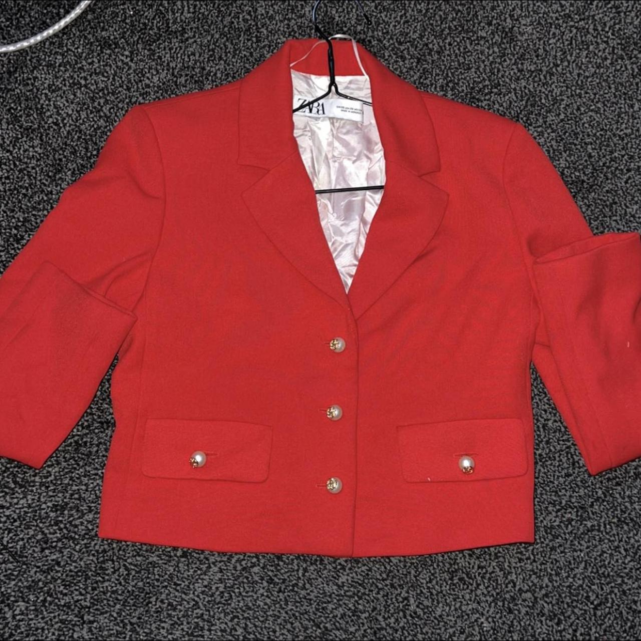 Zara Pearl button red cropped blazer worn few times... - Depop