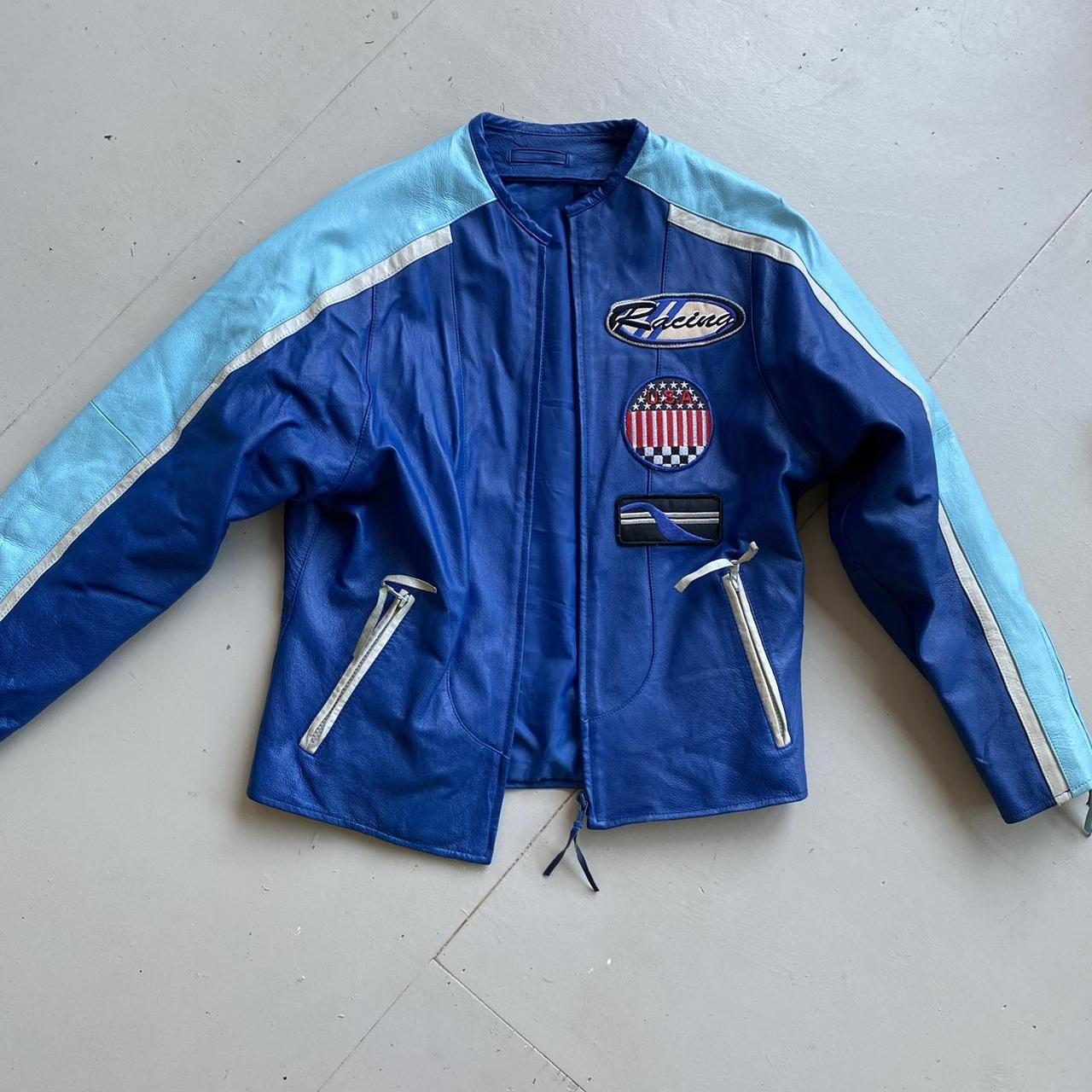 Vintage y2k blue genuine leather racing/motocross... - Depop