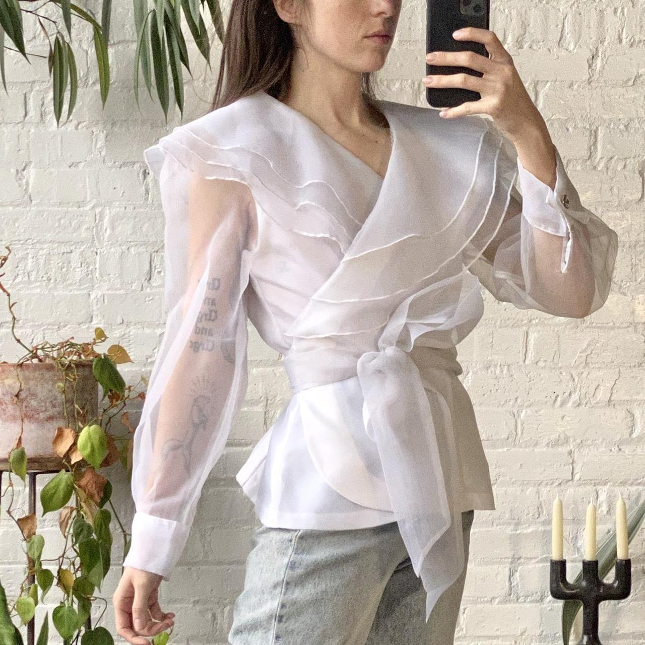 Vintage 80s/90s white gauzy sheer sleeve top.... - Depop