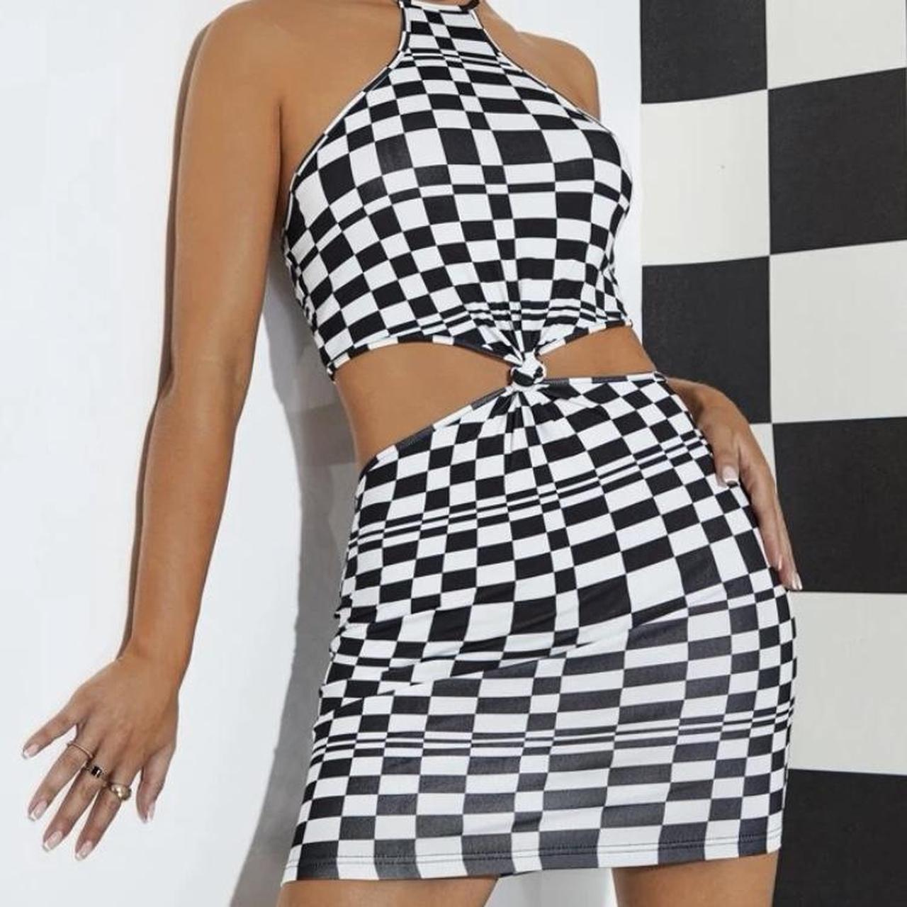 Checkerboard cut out twist front bodycon dress from