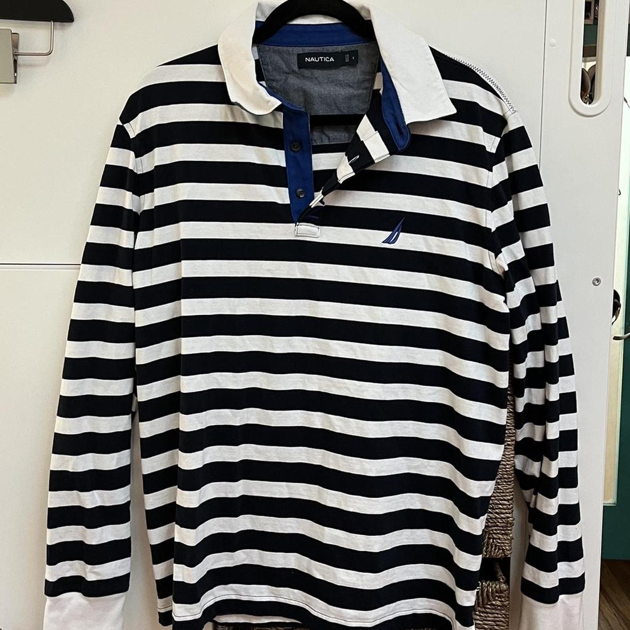 nautica men’s striped long sleeve collared shirt - Depop