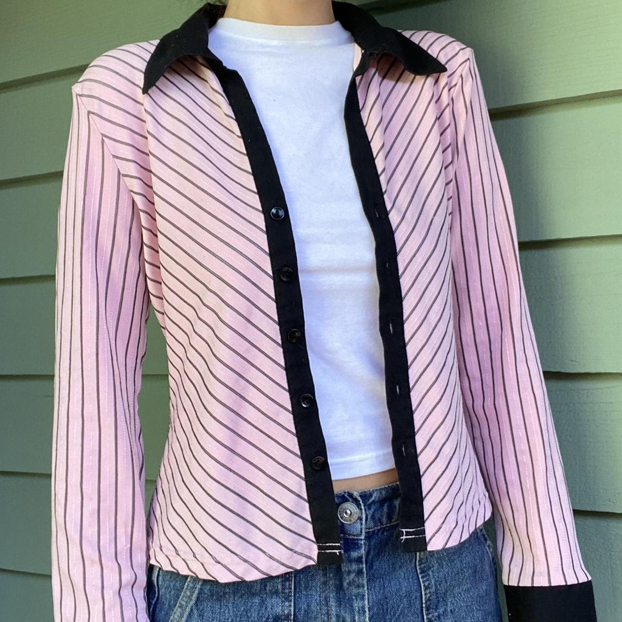 Vintage 90’s Pink And Black Striped Button Up Blouse - Depop