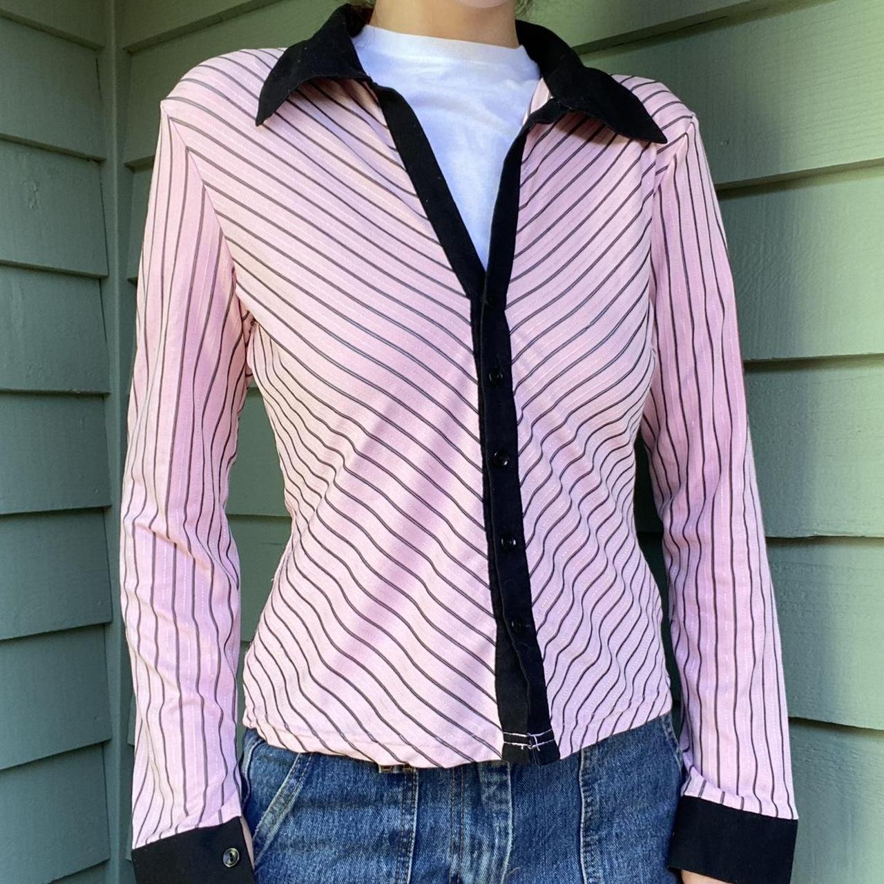 Vintage 90’s pink and black striped button up blouse... - Depop