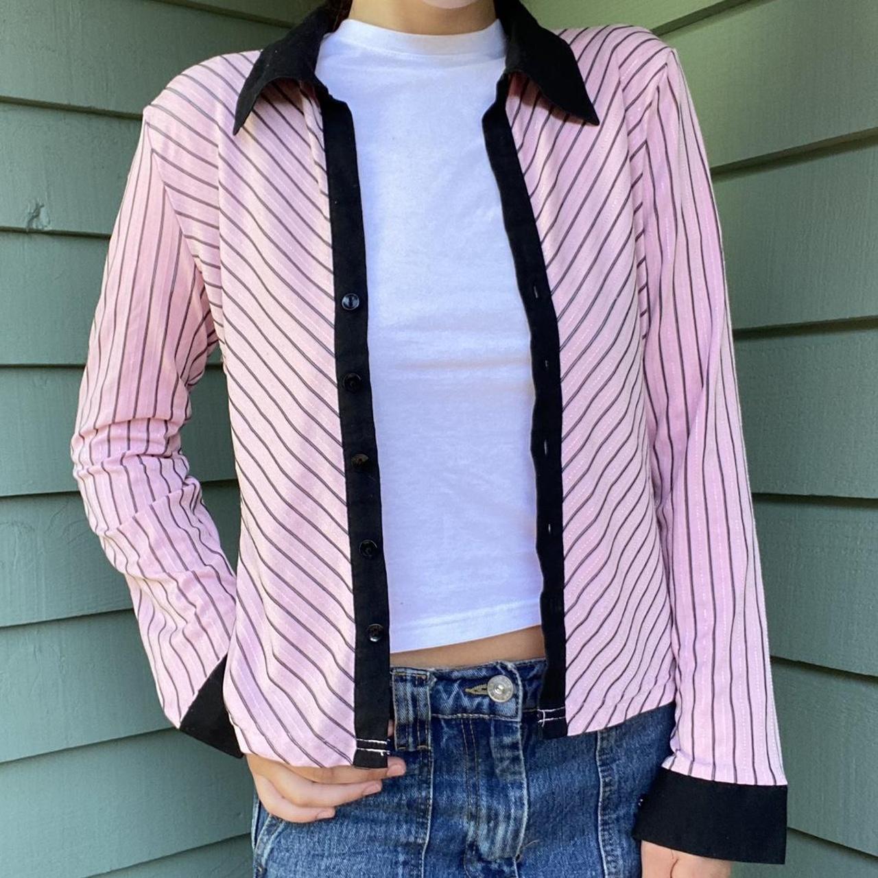 Vintage 90’s pink and black striped button up blouse... - Depop