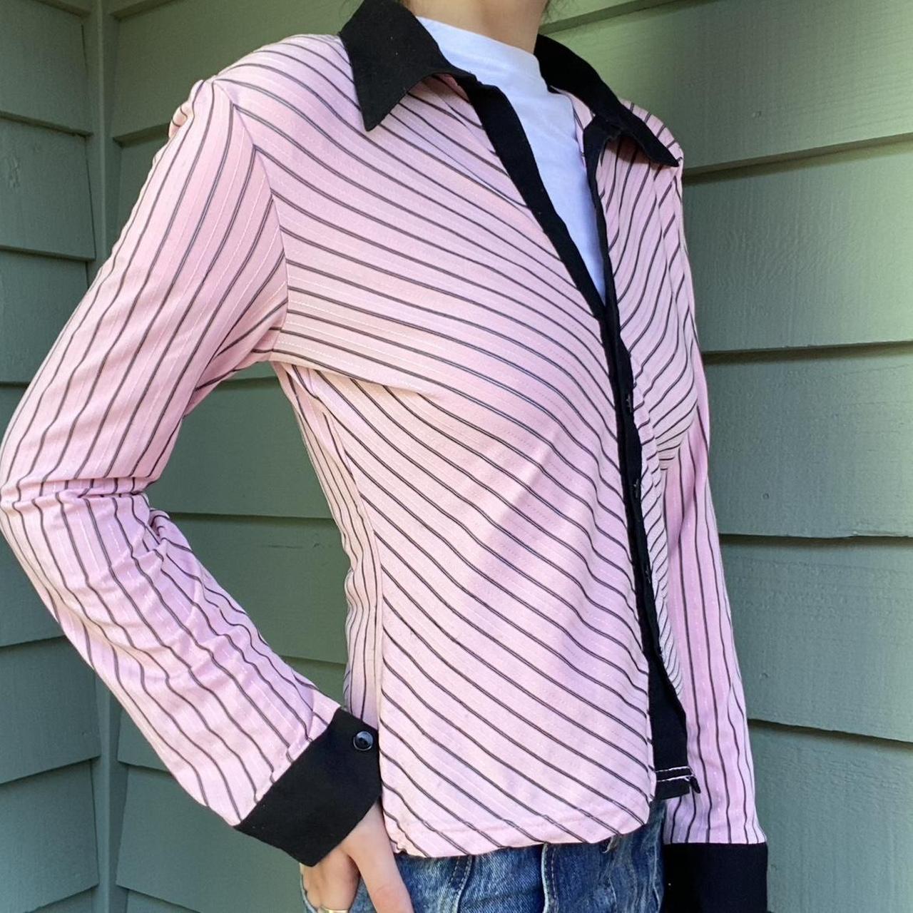 Vintage 90’s pink and black striped button up blouse... - Depop