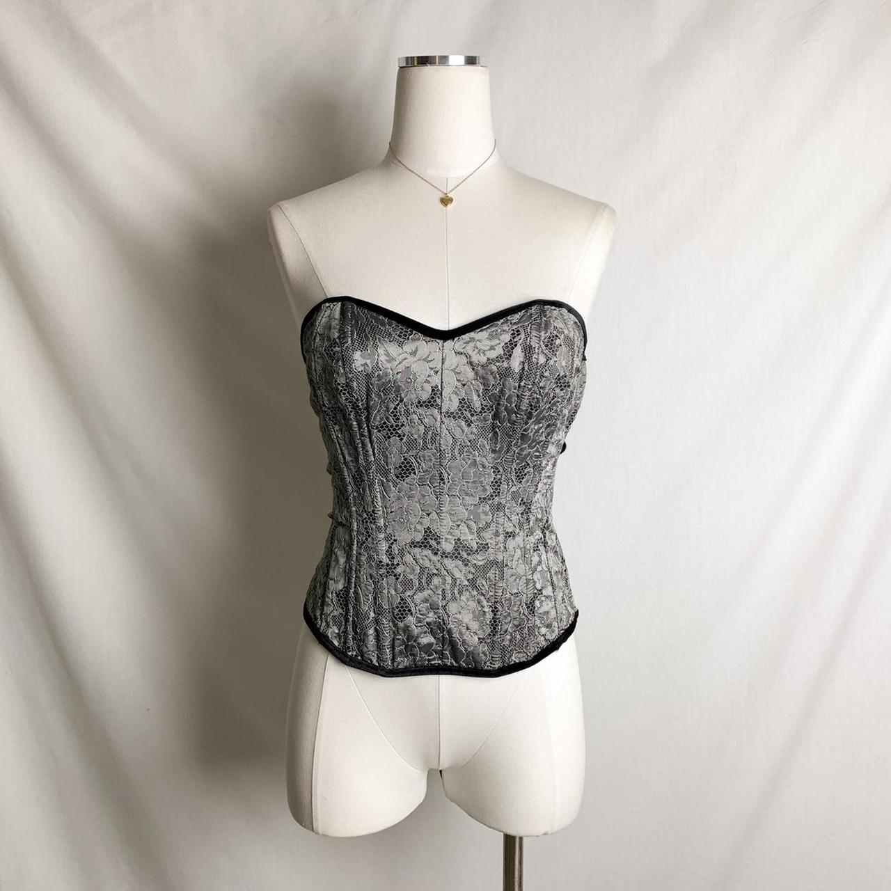 Vintage 90s y2k metallic gray silver lace velvet trim sweetheart lace up factory corset