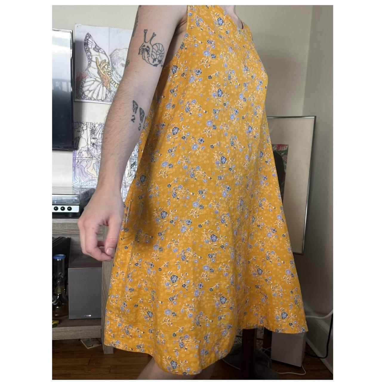 Yellow and blue linen floral dress with pockets Depop