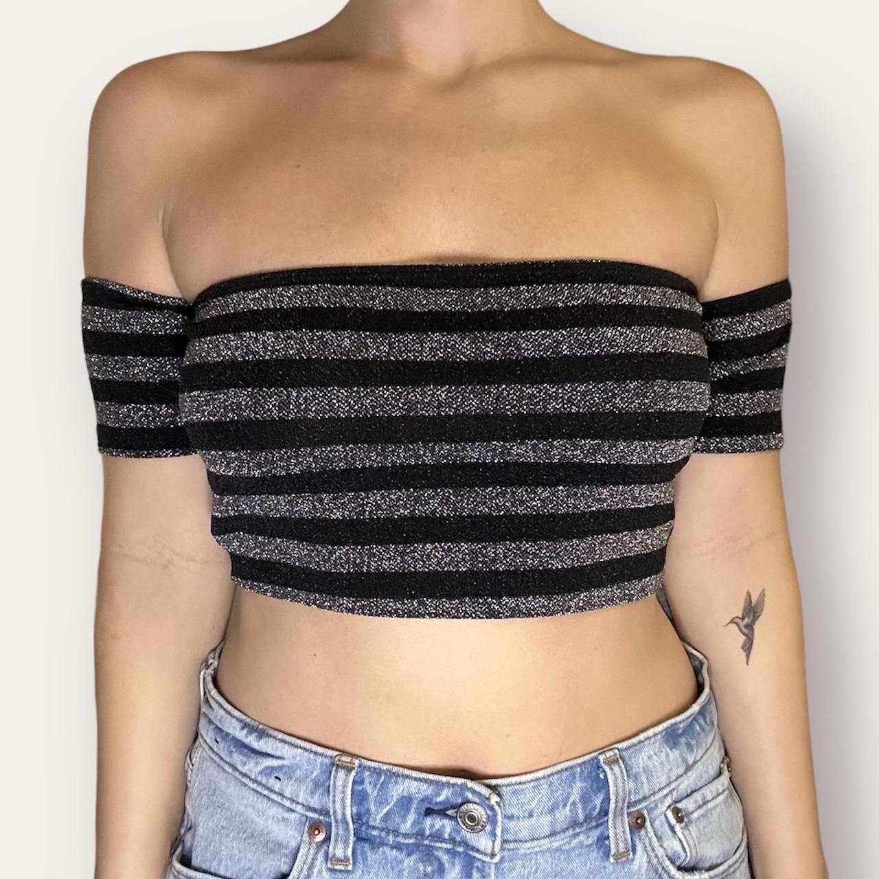 SHIMMER STRIPE BARDOT TOP Size: Small Brand:... - Depop