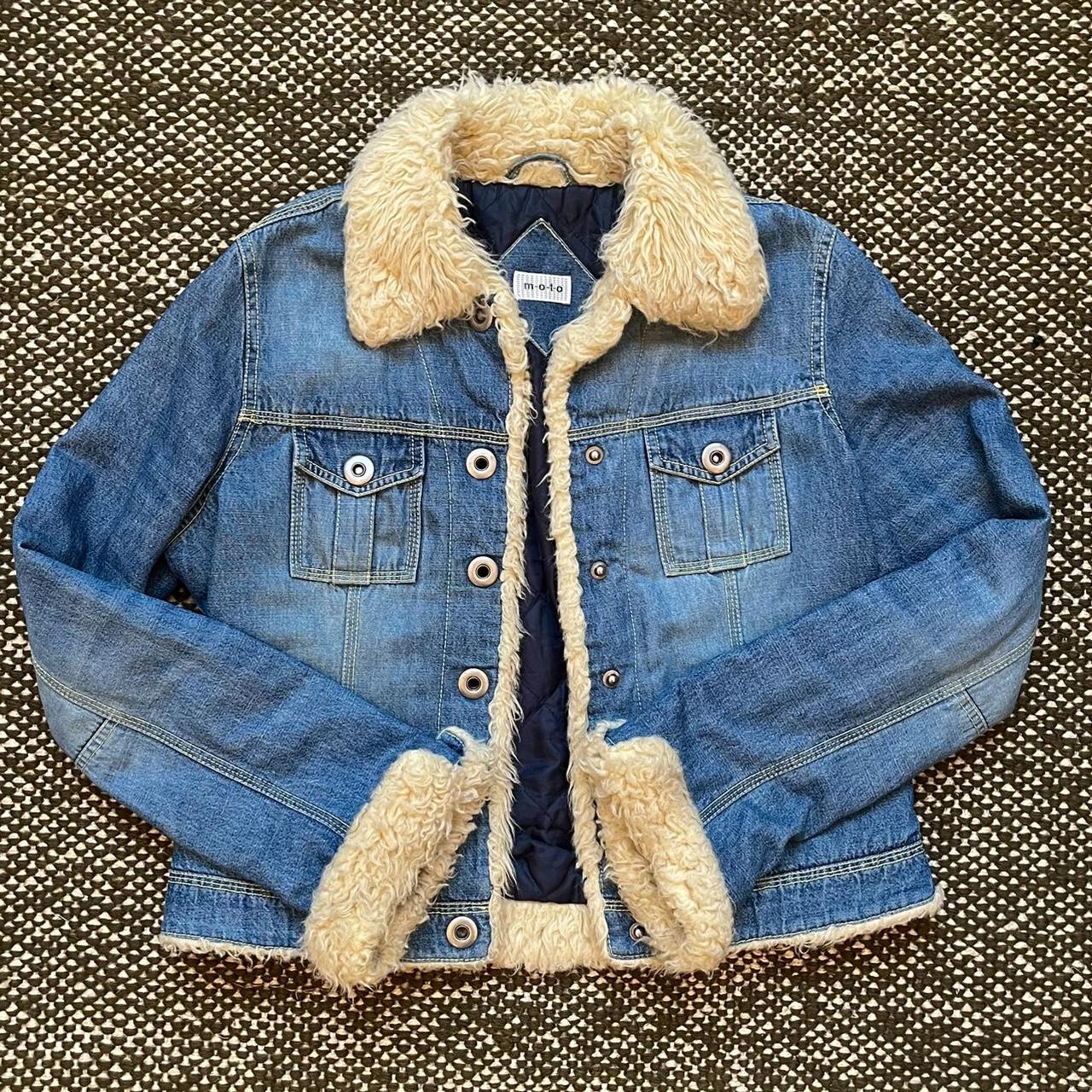 Y2K denim jacket with faux fur trim. Yellow... - Depop