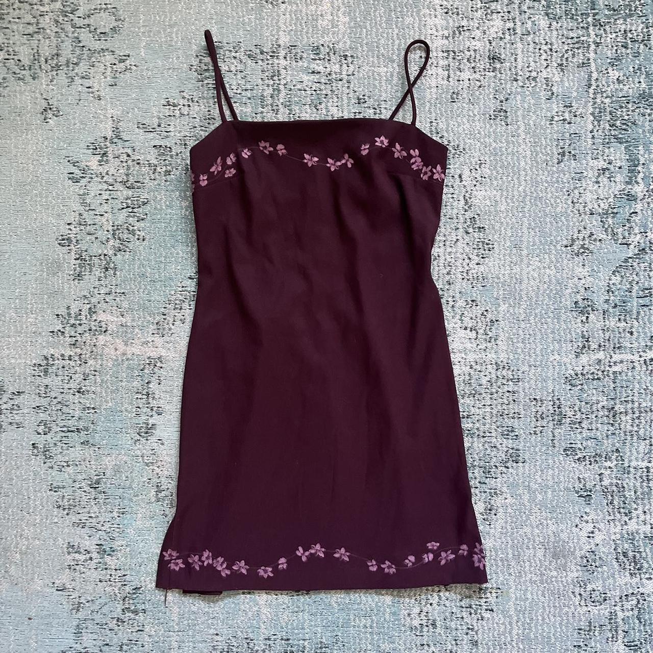 Vintage plum mini dress. Flowers around the neck and... - Depop